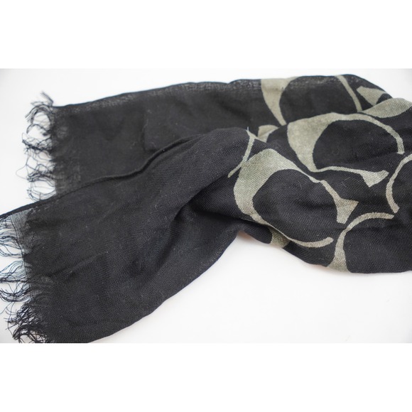 Coach Scarf Womens OS Black Grey Signature C Print Frayed Edge Excellent - Picture 4 of 6